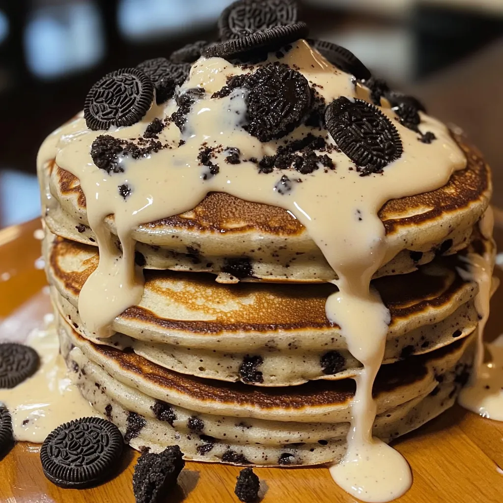 Fluffy Oreo Pancakes with Sweet Drizzle