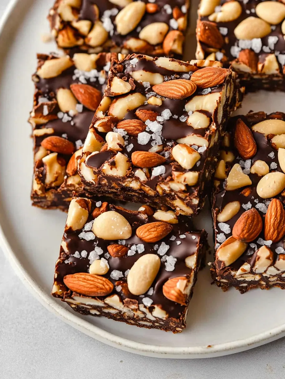 Dark Chocolate and Sea Salt Nut Bars, Chocolate Layer and Sea Salt Flakes