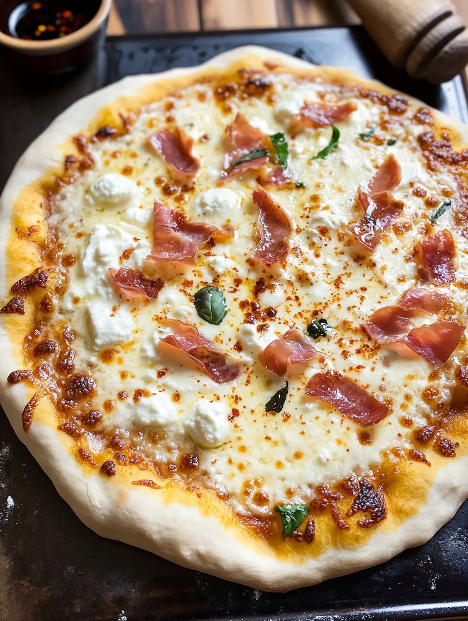 White Pizza stacked with Prosciutto and Hot Honey