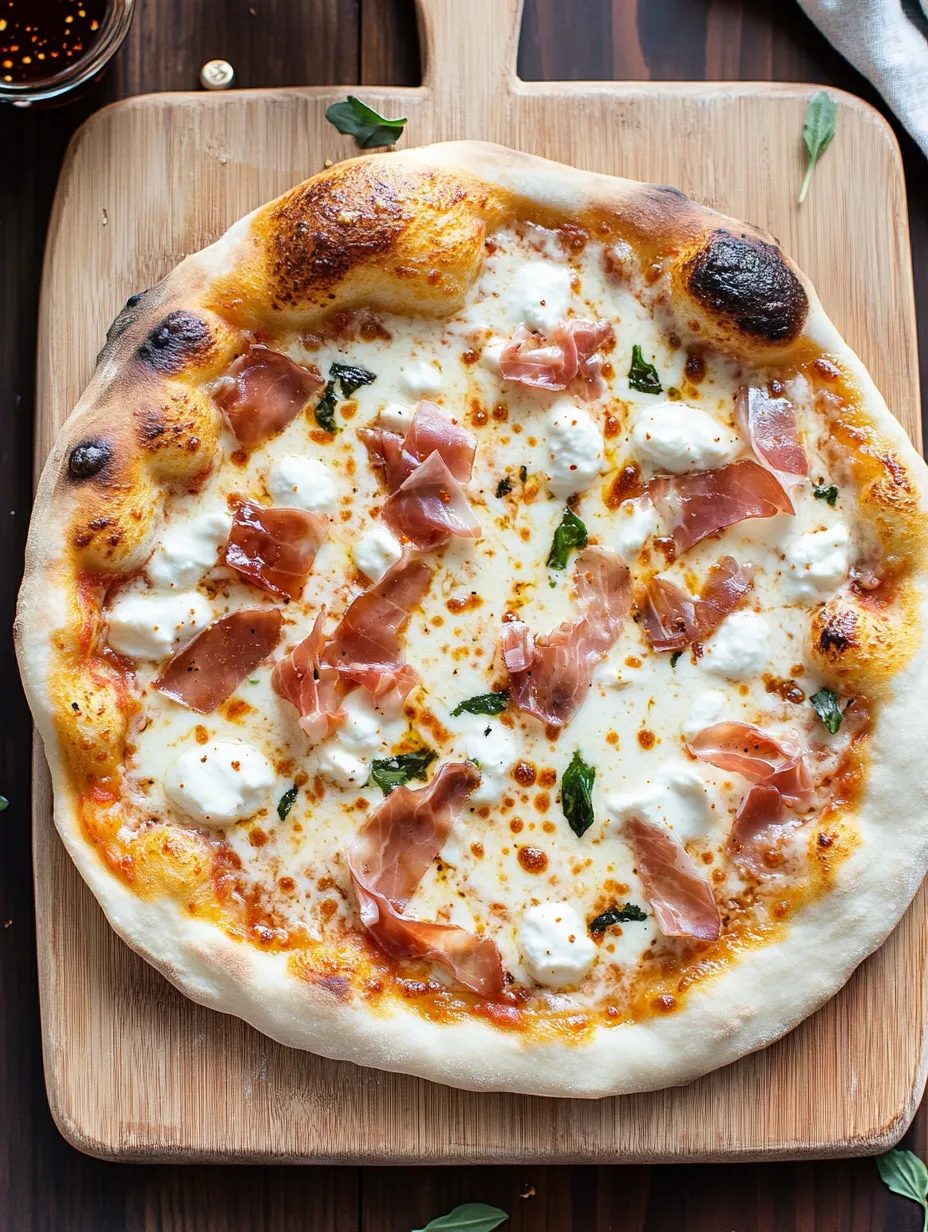 White Pizza covered in Prosciutto, Hot Honey, and Cheese