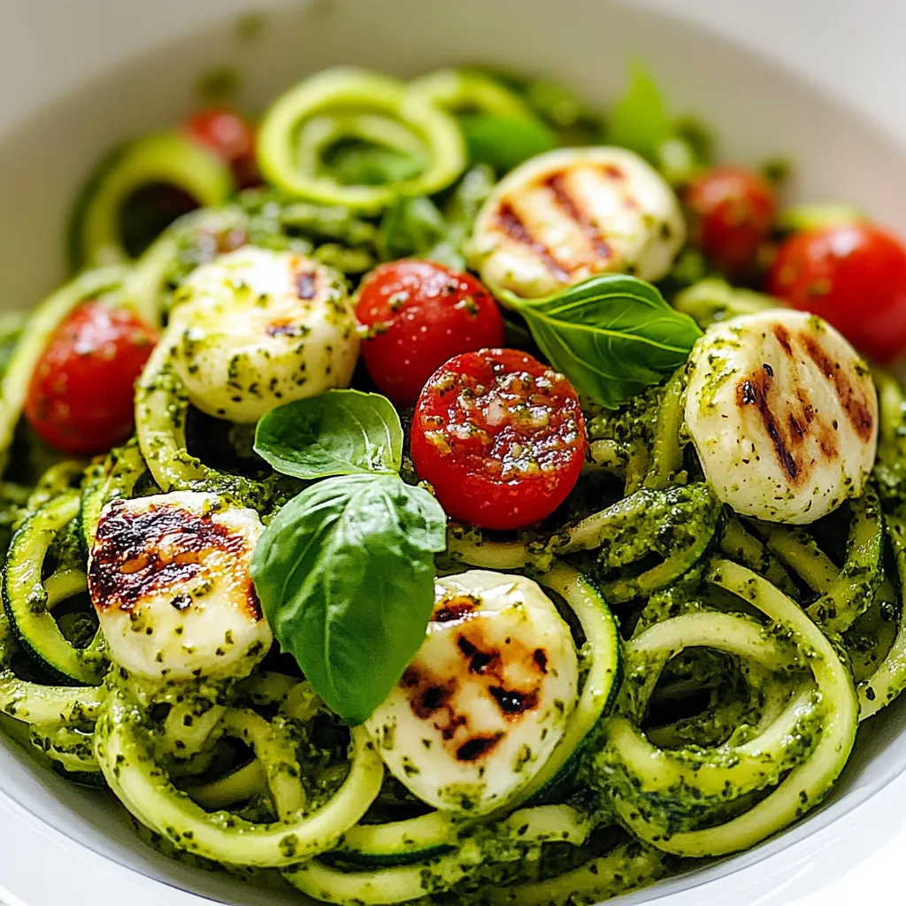 A plate of zucchini noodles blended with pesto