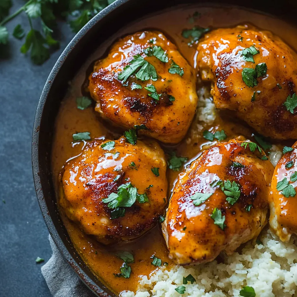 Close-up of Sticky Apricot Chicken with Cauliflower Rice
