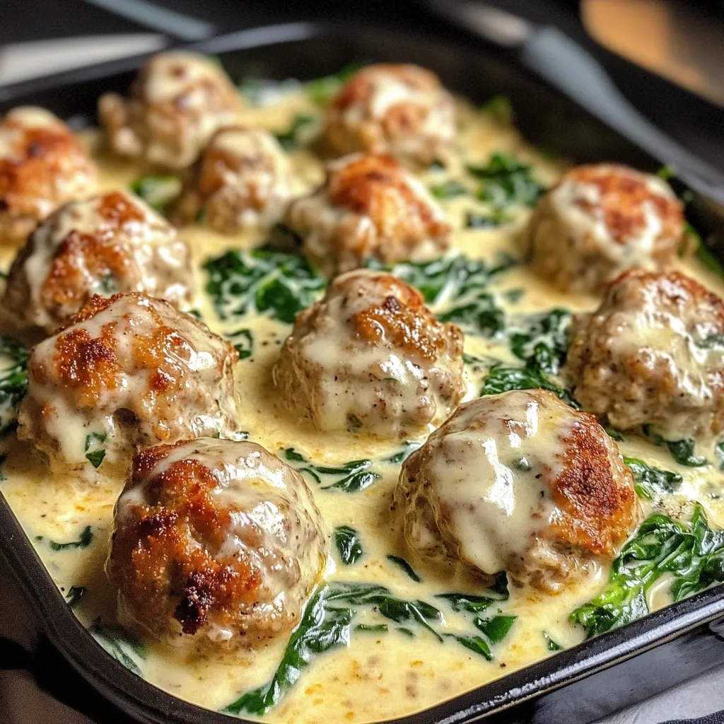 Creamy baked chicken ricotta meatballs with spinach Alfredo sauce