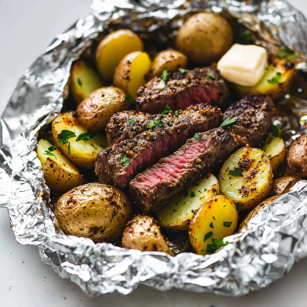 Steak and potatoes wrapped in foil