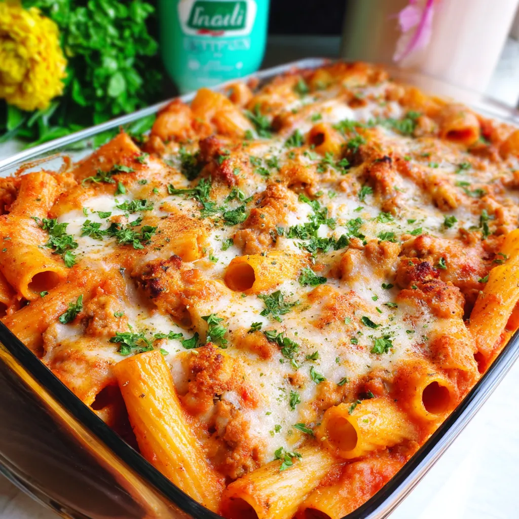 Gooey melted mozzarella on baked rigatoni with sausage