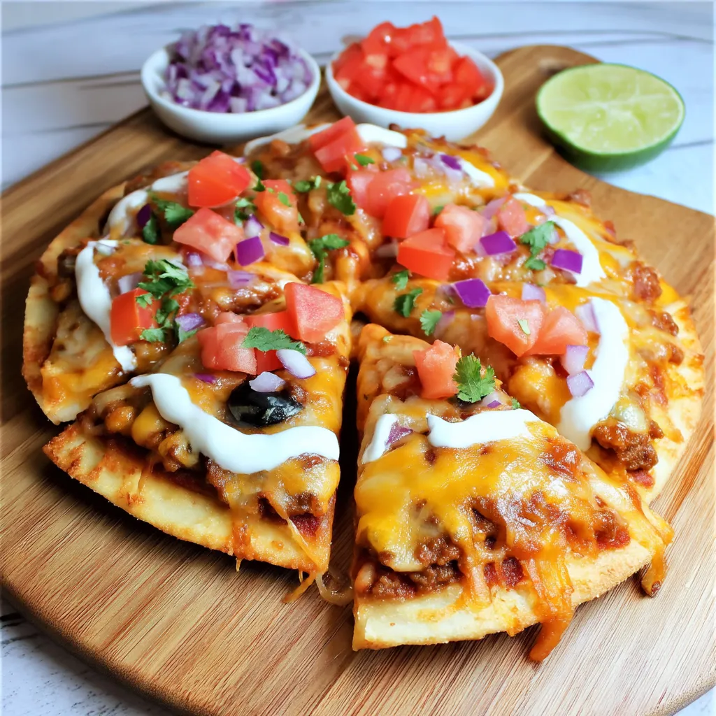 Taco-inspired Mexican Pizza with gooey cheese and crispy tortilla layers