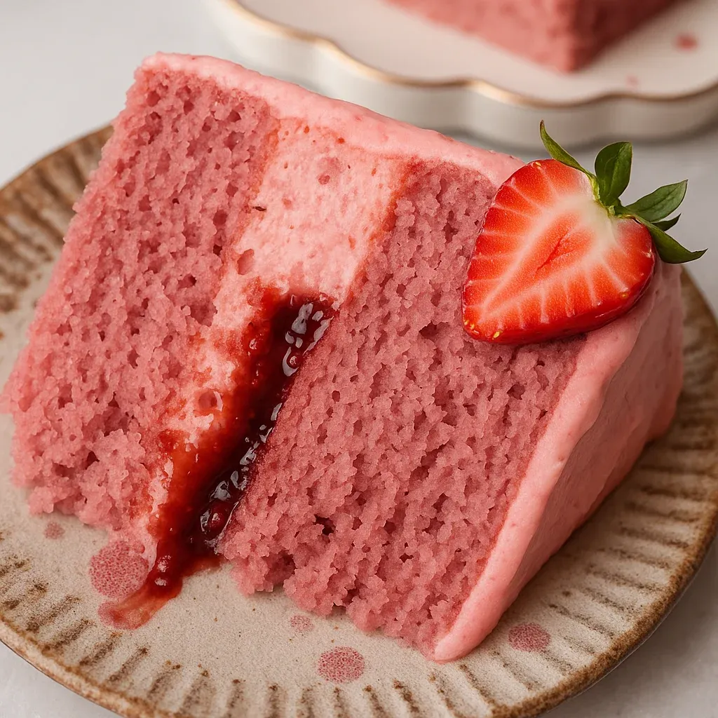 Vegan Strawberry Cake topped with frosting