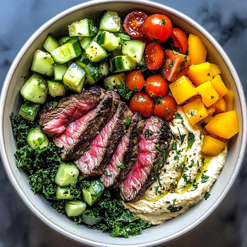 A vibrant bowl filled with steak, colorful veggies, and yogurt.