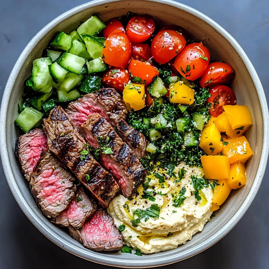 Juicy Mediterranean Steak Bowls piled high with crisp veggies and creamy yogurt