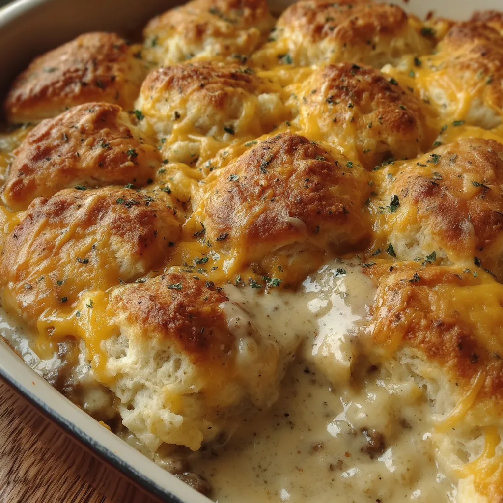 Golden Layers of Biscuits & Gravy Bake