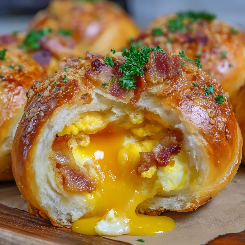 Golden, crispy breakfast pretzel rolls with bacon and eggs