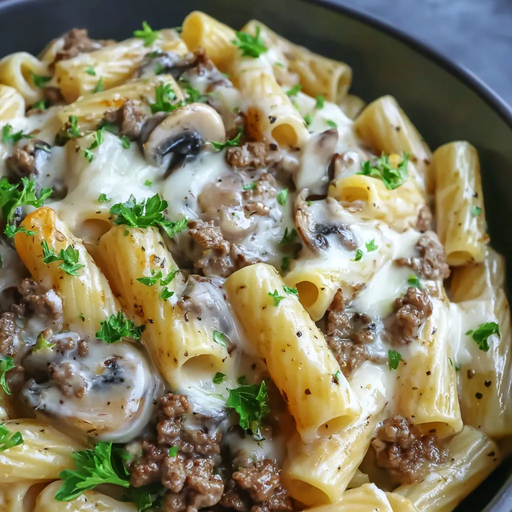 A plate of Philly Cheesesteak Pasta with peppers and cheese