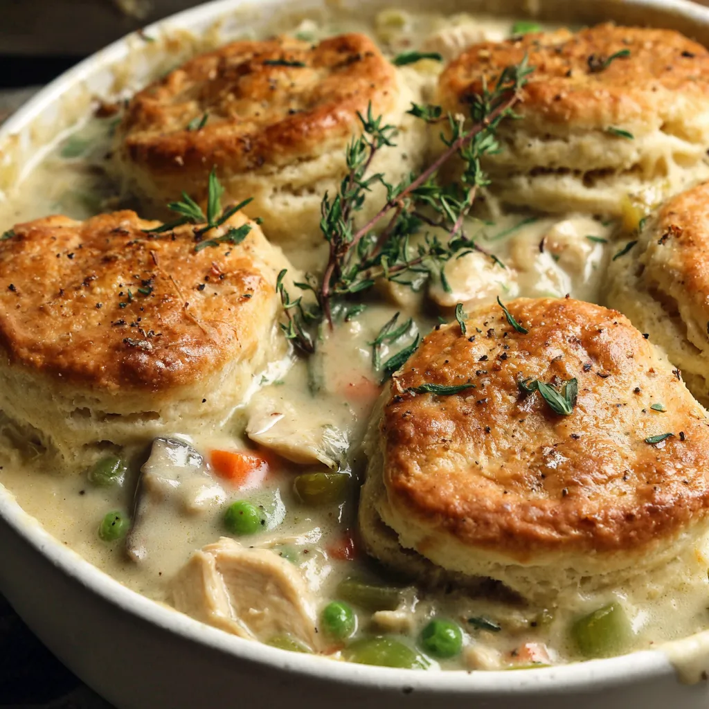 Warm Chicken Pot Pie Topped With Biscuits