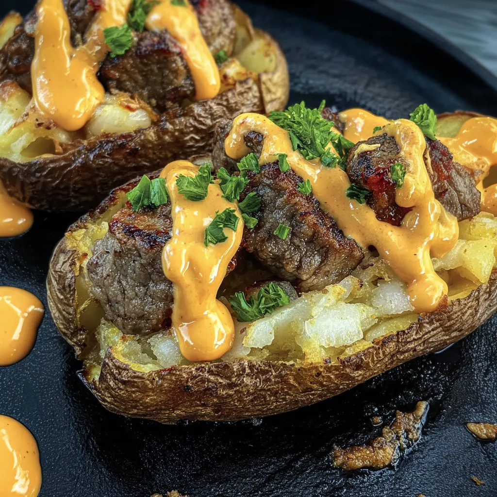 Baked potatoes topped with steak bites