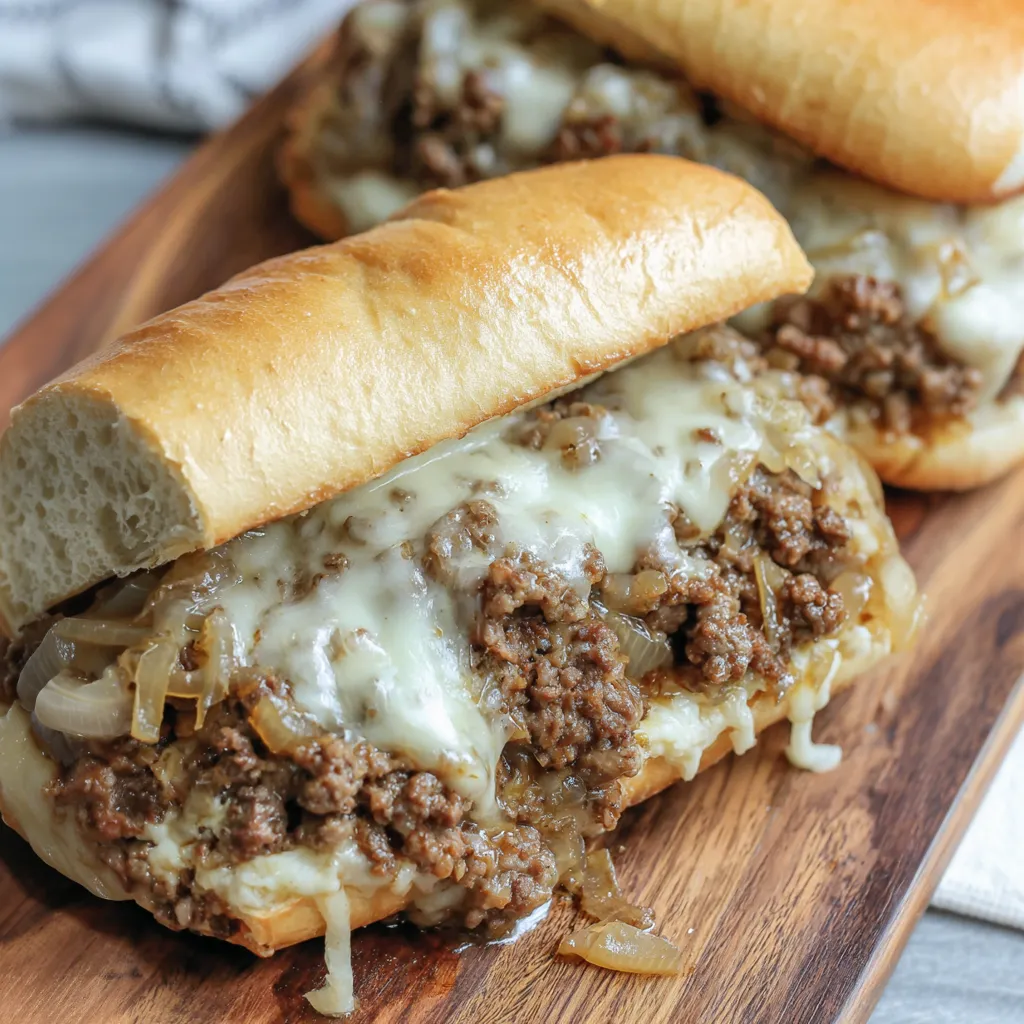 Slow Cooked Ground Beef French Dip Sandwiches