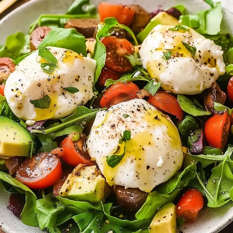 Bright greens, cherry tomatoes, avocado, olives, and soft poached eggs sprinkled with herbs and drizzled in olive oil, ready to impress.